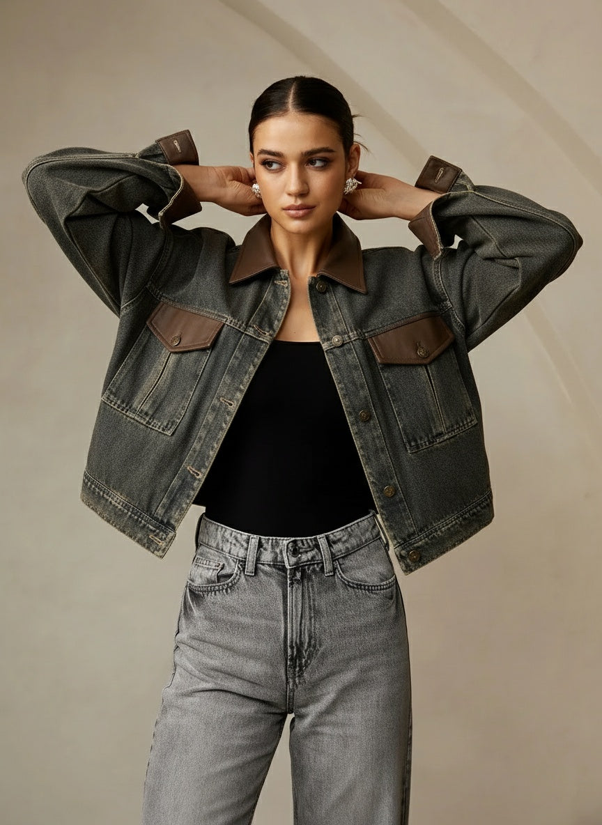 Vintage Kontrast Süslü Yaka Denim Ceket