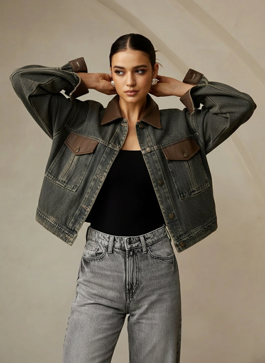 Vintage Kontrast Süslü Yaka Denim Ceket