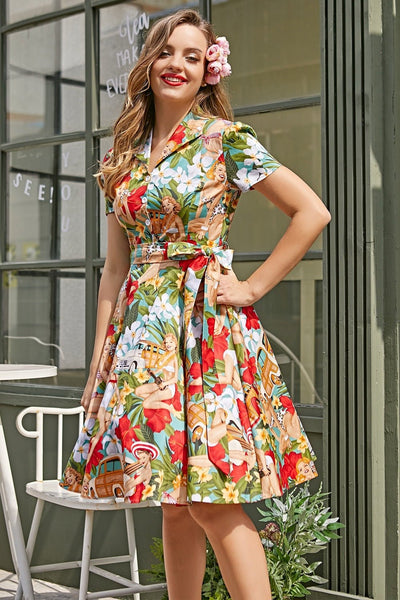 Helma Retro Baskılı Kuşaklı Pamuk Gömlek Midi Elbise