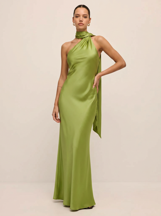 Sırtı Açık Saten Halter Maxi Elbise