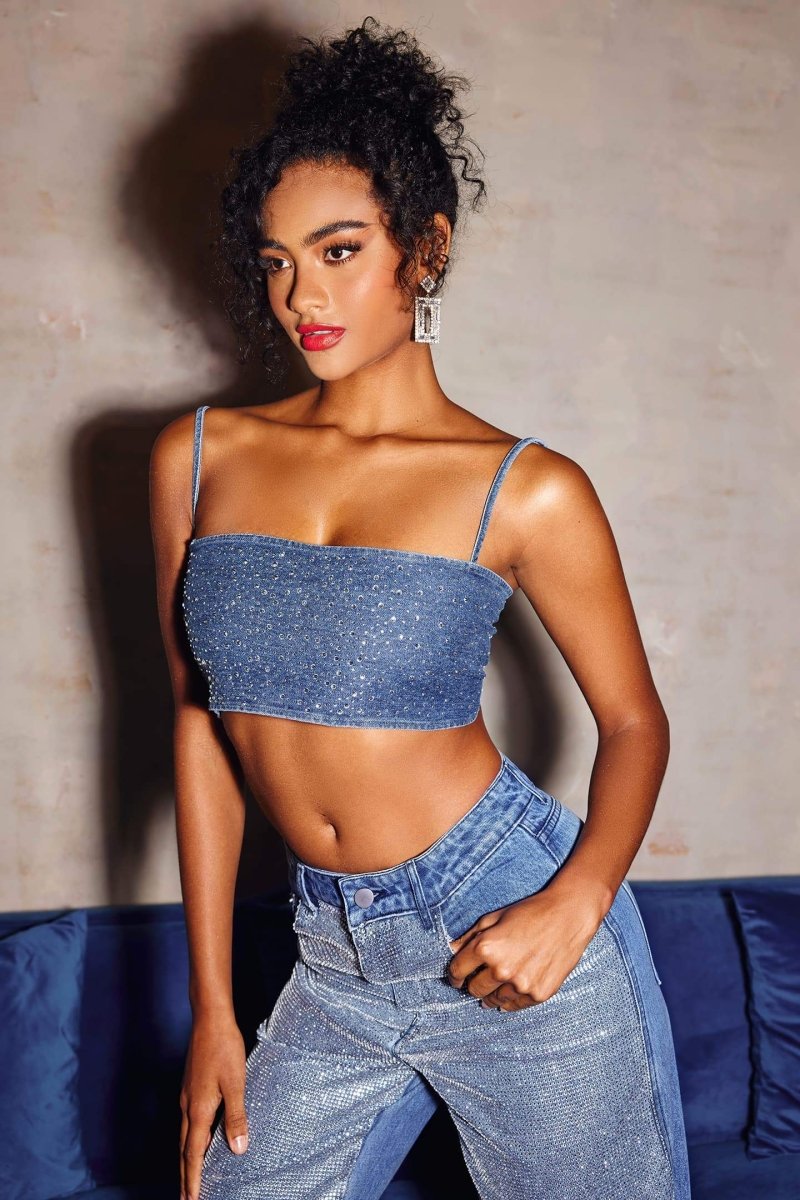 Lena Diamante Denim Crop Top