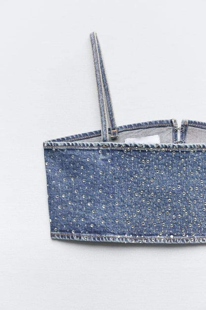 Lena Diamante Denim Crop Top