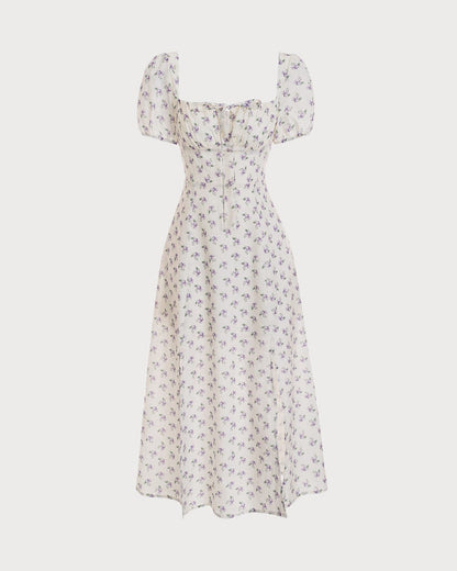 Çiçek Desenli Büzgü Detaylı Midi Elbise