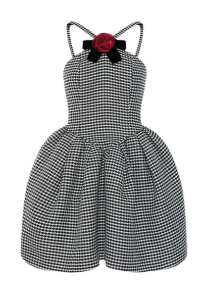 Mona Kaz Ayağı Gül Fiyonklu Mini Elbise