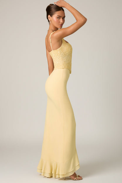 İşlemeli Fırfır Detaylı Korse Maxi Elbise