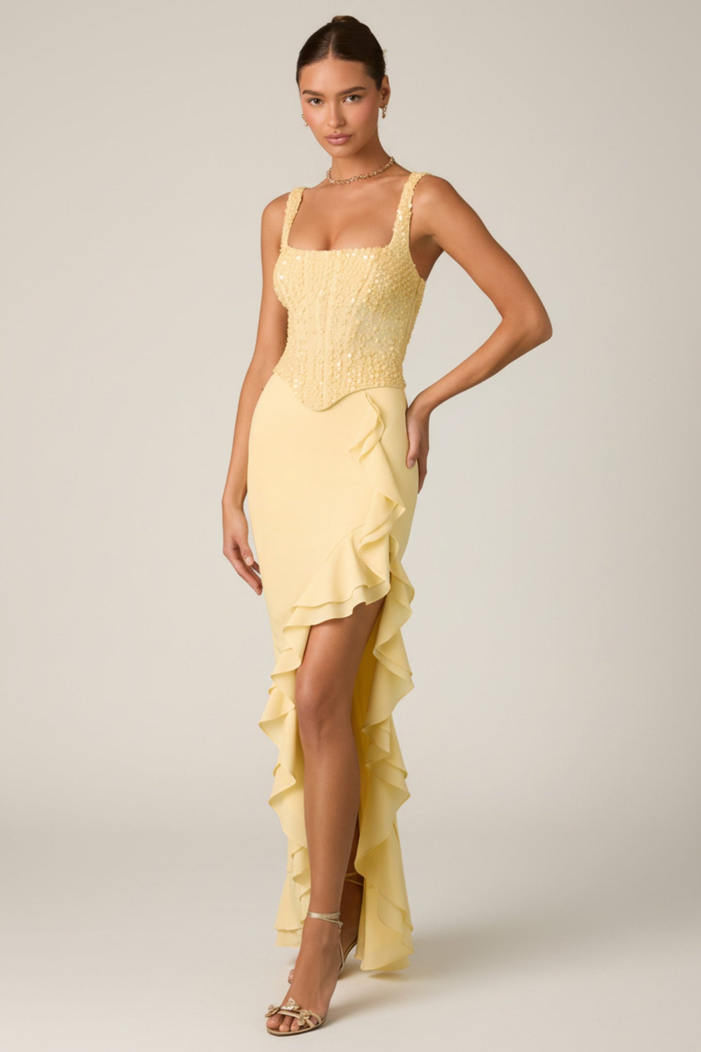 İşlemeli Fırfır Detaylı Korse Maxi Elbise