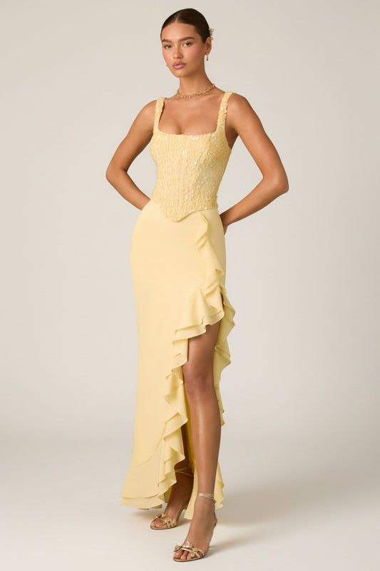 İşlemeli Fırfır Detaylı Korse Maxi Elbise