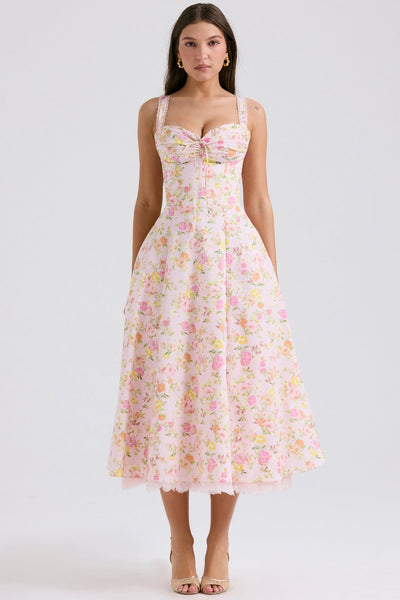 Roselyne Pembe Pastoral Dantel Askılı Elbise
