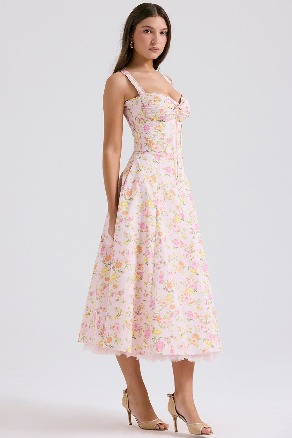 Roselyne Pembe Pastoral Dantel Askılı Elbise