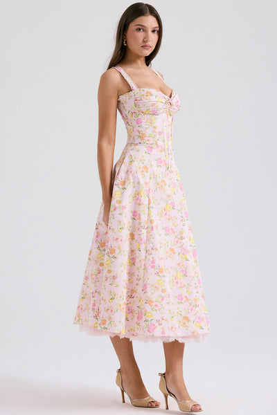 Roselyne Pembe Pastoral Dantel Askılı Elbise