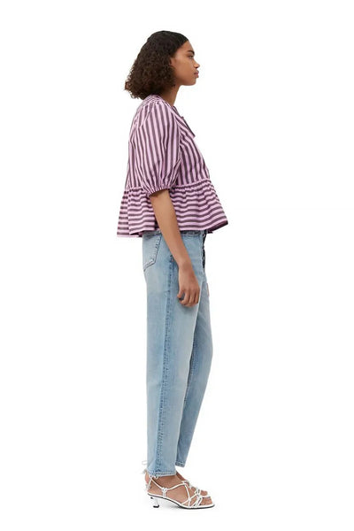 Çizgili Puf Kol Peplum Fiyonklu Bluz