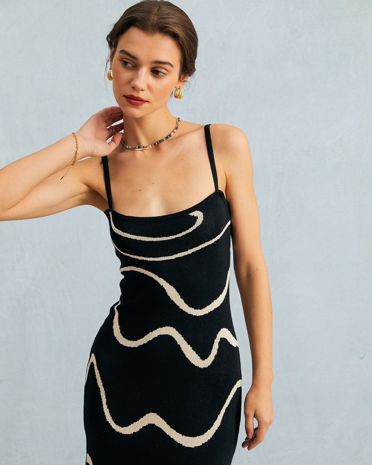 Siyah Dalga Midi Elbise