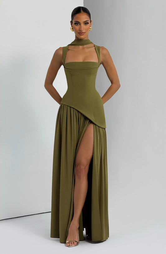 Tullulah Maxi Elbise – Koyu Zeytin Yeşili